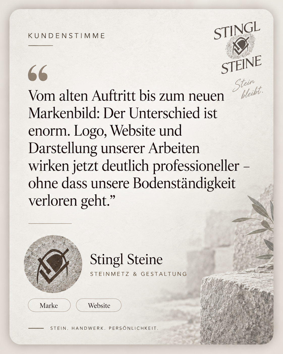 Kundenstimmen-Karte von Stingl Steine im steinernen Markenstil